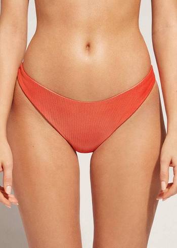 Bikini Bottoms Calzedonia Coated-Effect High-Cut Brazilian Antigua Coral Laranja | BR1364GL