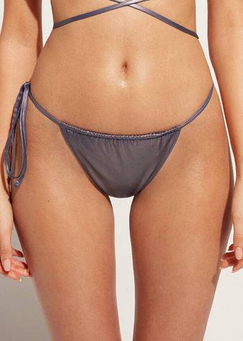 Bikini Bottoms Calzedonia Coated-Effect String Thong Daytona Azuis | BR1368LH