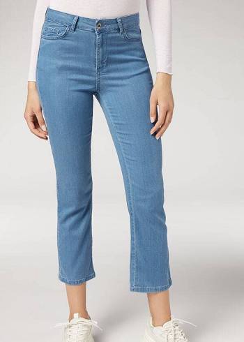 Calça Jeans Calzedonia Eco Light Flared Cropped Denim Azuis | BR2570HK