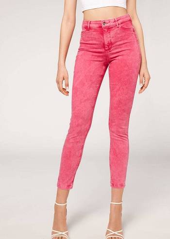 Calça Jeans Calzedonia Faded Skinny Push-Up Rosa | BR2589VD