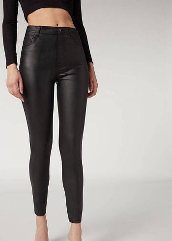 Calça Jeans Calzedonia Faux Leather Skinny Pretas | BR2592ZG