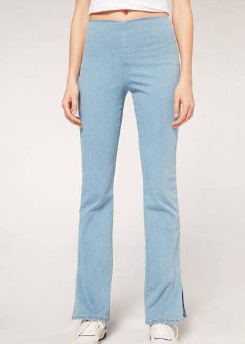 Calça Jeans Calzedonia High-Waist Flared in Denim with Slits Azuis | BR2599DN