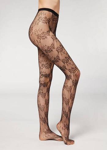 Collants Calzedonia Floral Lace-Motif Fishnet Patterned Pretas | BR1099PQ