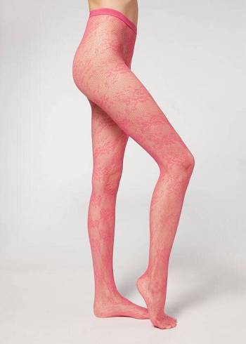 Collants Calzedonia Floral Lace-Motif Fishnet Patterned Rosa | BR1100AP