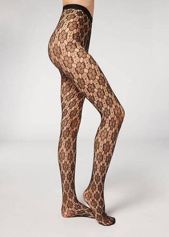 Collants Calzedonia Floral-Motif Fishnet Patterned Pretas | BR1101SO