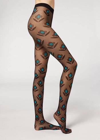 Collants Calzedonia Macro Daisy Micronet Patterned Pretas Azuis | BR1113BC