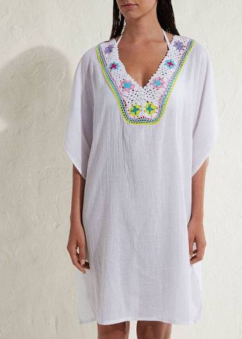 Cover Ups Calzedonia Crochet Neckline Kaftan Branco | BR2075BC