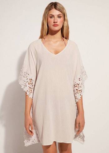 Cover Ups Calzedonia Floral Macramé Lace Caftan Bege | BR2081RW