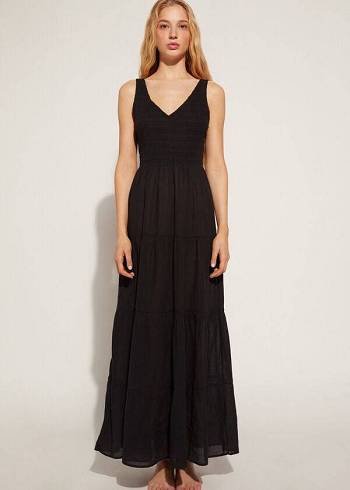 Cover Ups Calzedonia Long Dress with Ruffled Skirt Pretas | BR2100VD