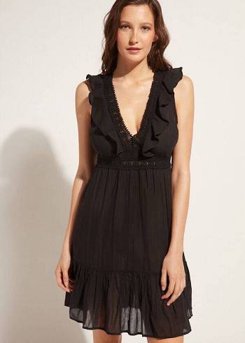 Cover Ups Calzedonia Mini Dress with Ruffle and Passementerie Pretas | BR2106EX