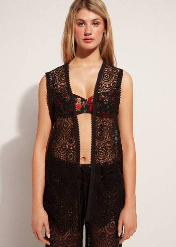 Cover Ups Calzedonia Sleeveless Crochet Pretas | BR2115SO