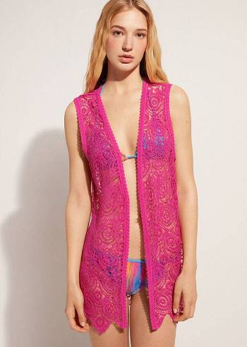 Cover Ups Calzedonia Sleeveless Crochet Rosa | BR2117FM