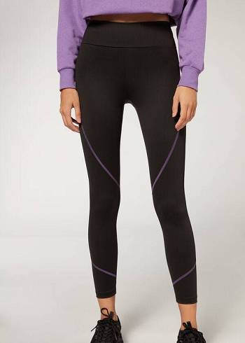 Leggings Calzedonia Contrast Seam Performance Athletic Pretas Roxo | BR2635RW