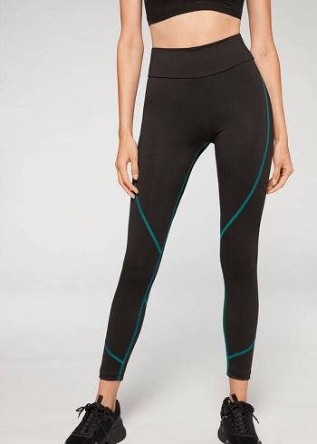 Leggings Calzedonia Contrast Seam Performance Athletic Pretas Verdes | BR2636EX