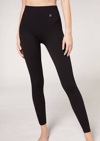 Leggings Calzedonia Fine Ribbed Seamless Sport Pretas | BR2645SO