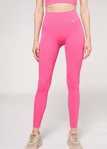 Leggings Calzedonia Fine Ribbed Seamless Sport Rosa | BR2648OR