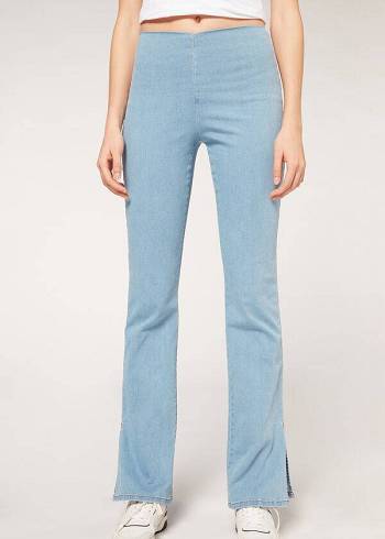 Leggings Calzedonia High-Waist Flared in Denim with Slits Azuis | BR2660VD