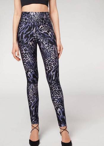 Leggings Calzedonia Shiny Animal-Print Athletic Azuis Cinzentas | BR2680EX