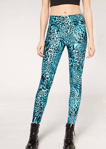 Leggings Calzedonia Shiny Animal-Print Athletic Turquesa | BR2681WY