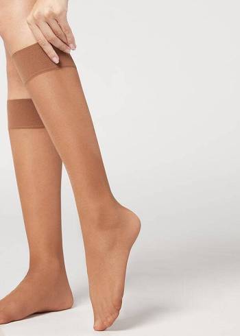 Meias Calzedonia 20 Denier Comfort Cuff Knee-Highs Sheer Cafes | BR2299FM