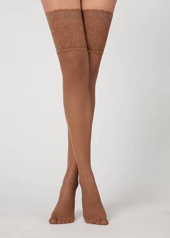 Meias Calzedonia 20 Denier Opaque Thigh-Highs Caqui | BR1239ZG