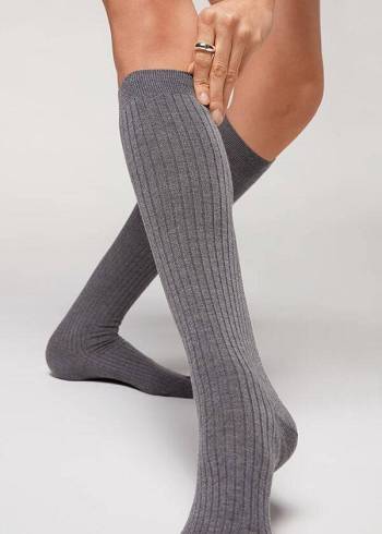 Meias Calzedonia Long Ribbed Cashmere Cinzentas | BR2244AP