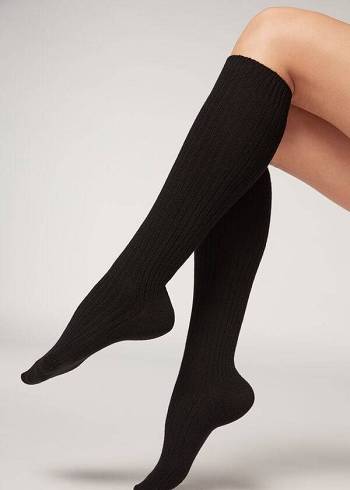 Meias Calzedonia Ribbed Long with Wool and Cashmere Pretas | BR2256VD