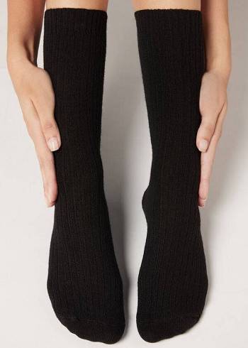 Meias Calzedonia Short Ribbed with Wool and Cashmere Pretas | BR2517JJ