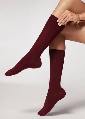 Meias Calzedonia Smooth Cotton Mid-Calf Long Vermelhas | BR2259MA