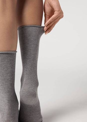 Meias Calzedonia Smooth Cotton Mid-Calf Long Prateadas | BR2262EX