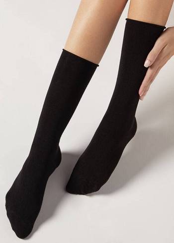 Meias Calzedonia Smooth Cotton Mid-Calf Long Pretas | BR2263RW