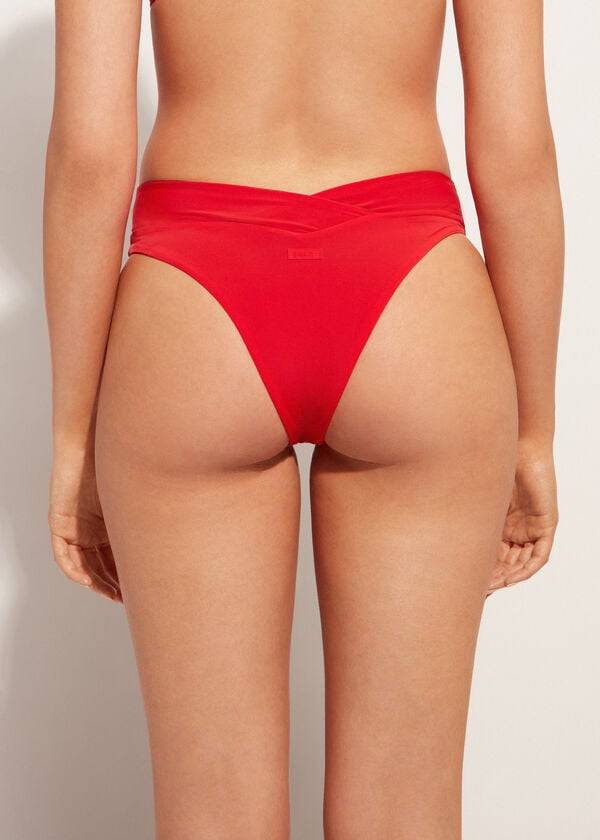 Bikini Bottoms Calzedonia High-Waist V-Cut Brazilian Indonesia Vermelhas | BR1465SO