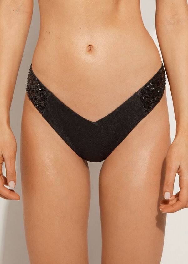 Bikini Bottoms Calzedonia Sequined High-Cut Brazilian Cannes Cheeky Pretas | BR1545FM