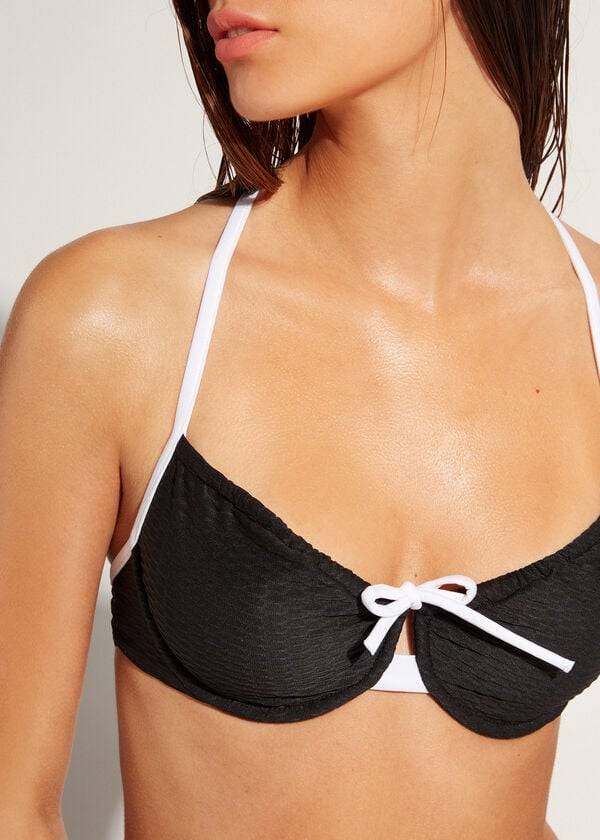 Bikini Tops Calzedonia Balconette Coimbra Pretas Branco | BR1663WY