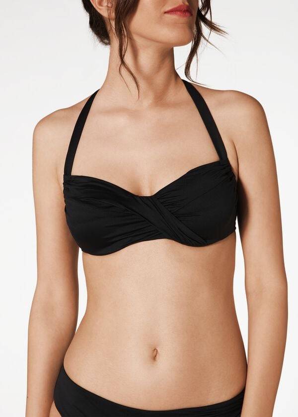 Bikini Tops Calzedonia Indonesia C-Cup Balconette Drawstring Pretas | BR1771YU