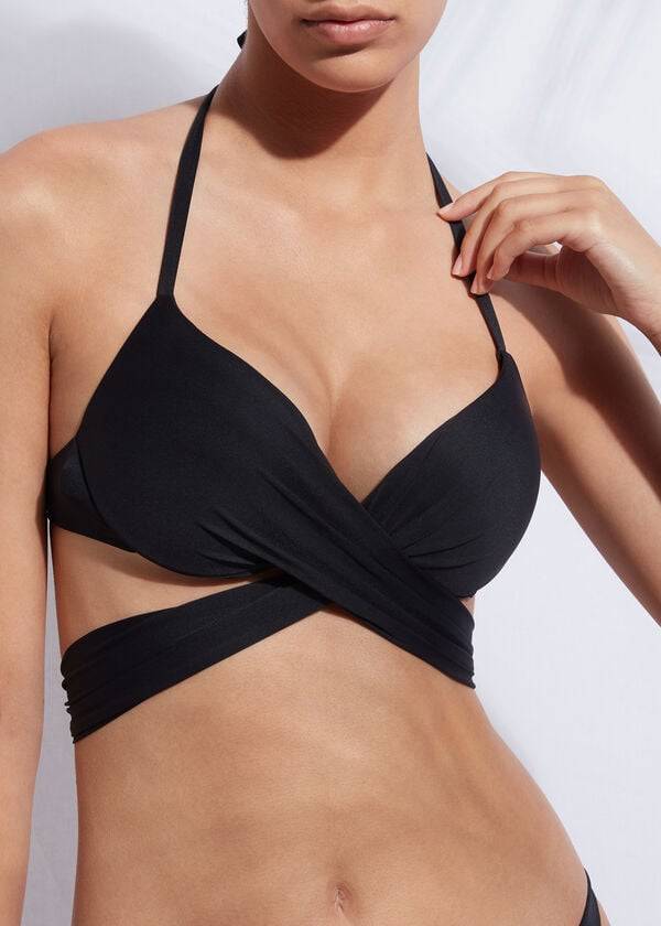 Bikini Tops Calzedonia Indonesia Push Up Criss-Cross Straps Pretas | BR1774OR