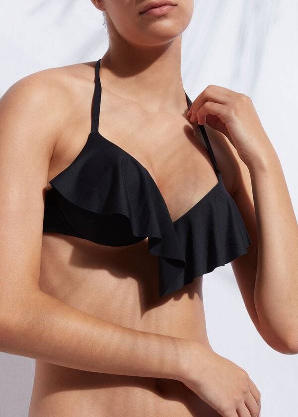 Bikini Tops Calzedonia Indonesia Ultra Push Up Ruffle Pretas | BR1776AP