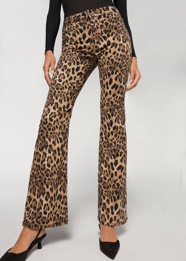 Calça Jeans Calzedonia Animal Print Flared Marrom | BR2561NB