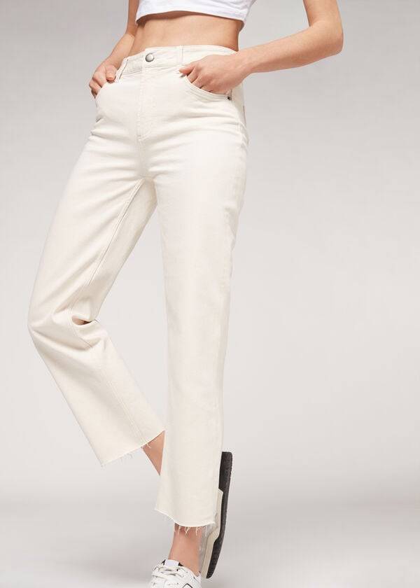 Calça Jeans Calzedonia Cropped Straight-Leg Branco | BR2565XF