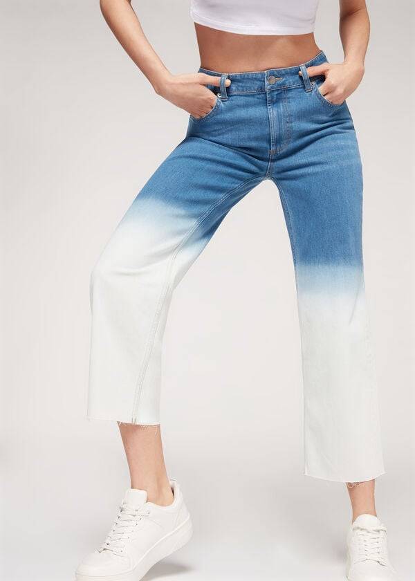 Calça Jeans Calzedonia Cropped Straight-Leg Azuis Branco | BR2566ZG