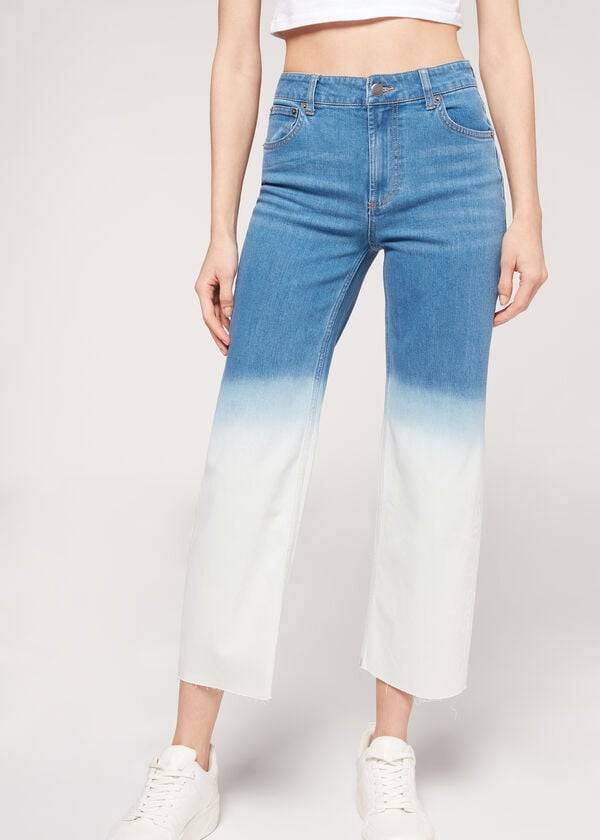 Calça Jeans Calzedonia Cropped Straight-Leg Azuis Branco | BR2566ZG