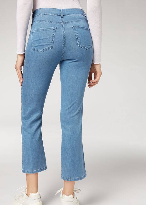 Calça Jeans Calzedonia Eco Light Flared Cropped Denim Azuis | BR2570HK