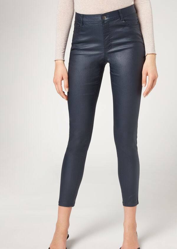 Calça Jeans Calzedonia Faux Leather Skinny Azul Marinho Azuis | BR2591XF