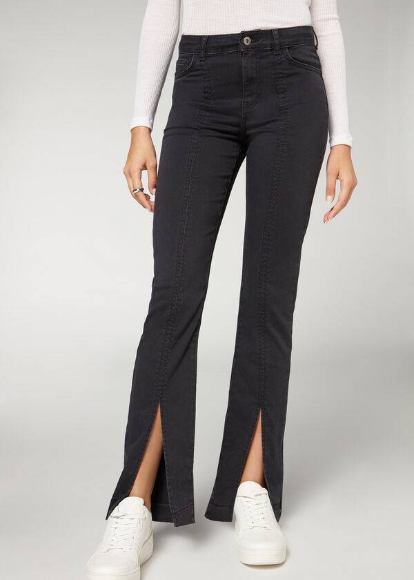 Calça Jeans Calzedonia Front Slit Pretas | BR2597GL