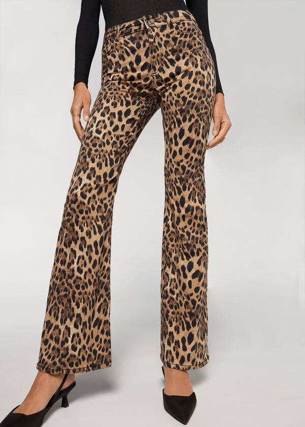 Calças Calzedonia Animal Print Flared Marrom | BR2713GL