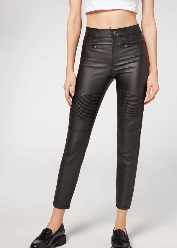 Calças Calzedonia Coated Skinny Biker Pretas | BR2721UT