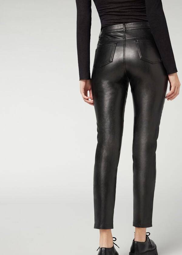 Calças Calzedonia Coated Thermal Skinny Biker Pretas | BR2722YU