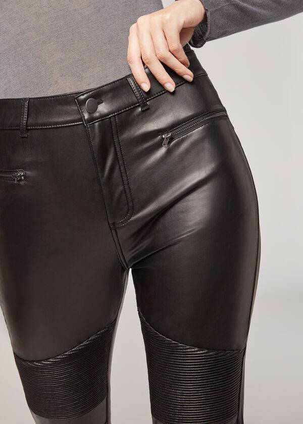 Calças Calzedonia Coated Thermal Skinny Biker Pretas | BR2722YU