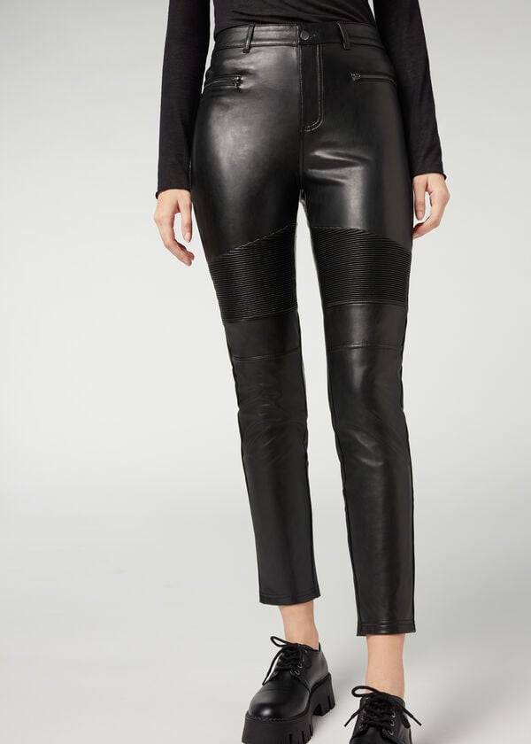 Calças Calzedonia Coated Thermal Skinny Biker Pretas | BR2722YU