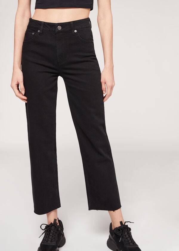 Calças Calzedonia Cropped Straight-Leg Pretas | BR2725EX